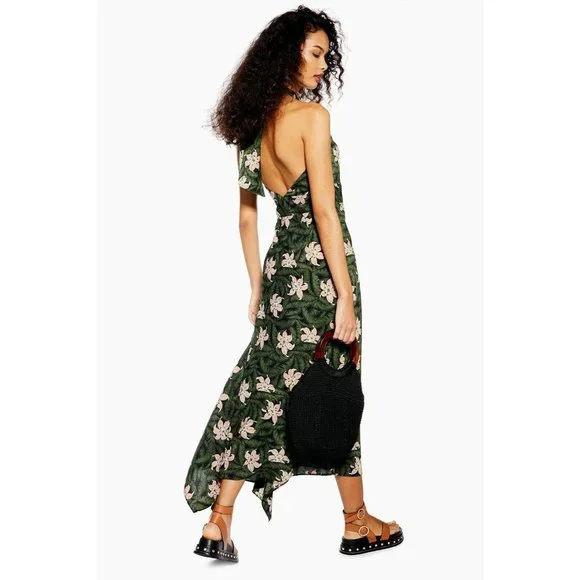 TOPSHOP Hibiscus Floral Halter Midi Dress Green 10 NEW - Picture 5 of 11